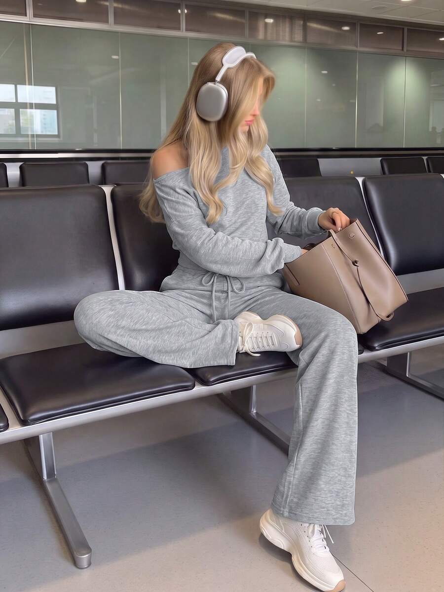 Women's Autumn 2 Pieces Set, Solid Color Asymmetrical Shoulder Long Sleeve Top And Low-Waist Drawstring Pants, Y2K Street Style Sexy Outfit - Grey - View 1