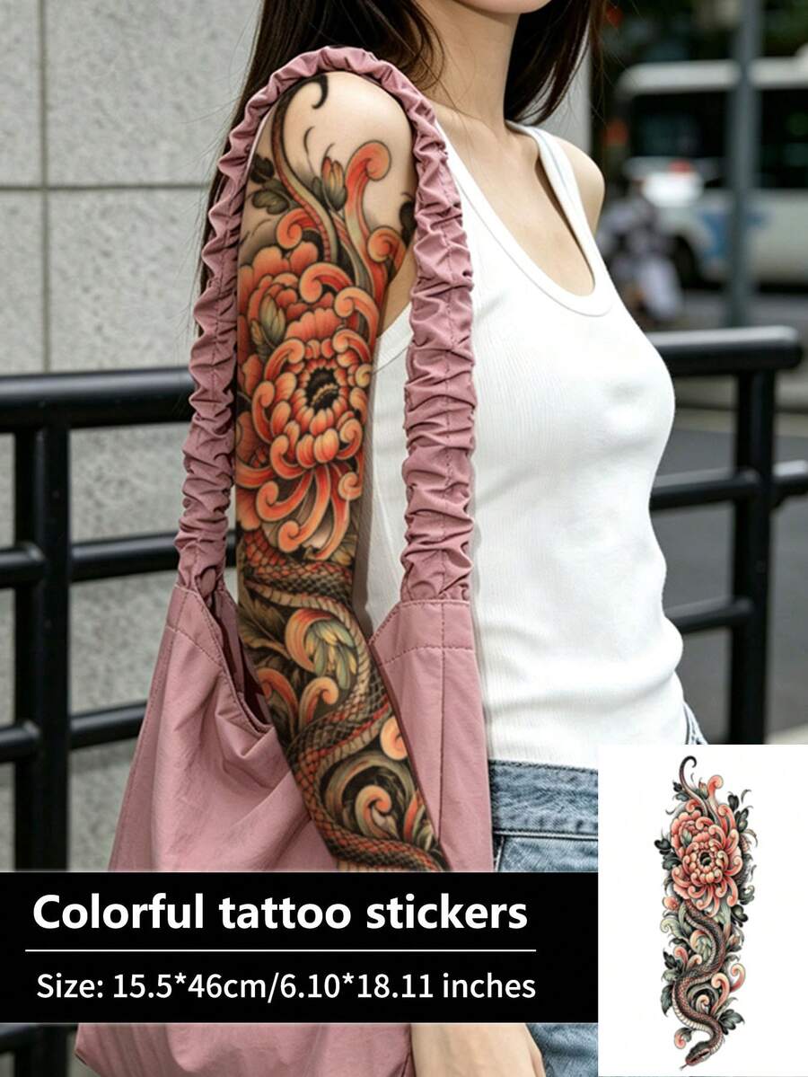 1pc Floral Snake Tattoo Sleeve Temporary Tattoo Sticker, Waterproof Sweat-Resistant Disposable, Suitable For Women And Men, Face, Arm, Waist, Chest, Leg, Abdomen, Neck, Hand, Finger, Back, Party, Dance, Stage Performance, Modern Body Art - Multicolor - View 1