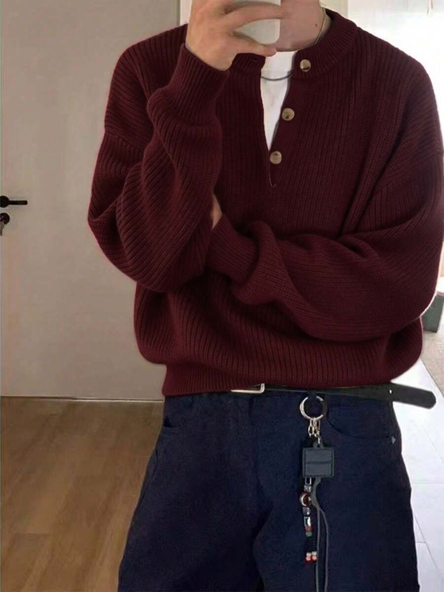 男士秋冬舒適極簡鈕扣裝飾長袖圓領針織衫,休閒百搭商務通勤 - 酒紅色 - 查看 1
