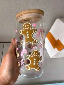 Soft Pink Gingerbread Man Print Glass Straw Cup, With Pink Lid And Transparent Glass Straw, Printed With Snowflake, Candy Cane And Small Heart Patterns, Large Capacity Design, Suitable For Iced Coffee And Fruit Tea, Full Of Sweet Christmas Atmosphere - Multicolor - View 11