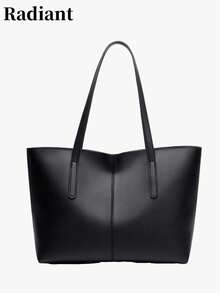 Women's New European And American Style Tote Bag, Large Capacity, Shoulder, Can Fit Laptop, Daily Commute, Retro Aesthetic, College Style Handbag, Vertical Stitching, Brown - Black - View 9