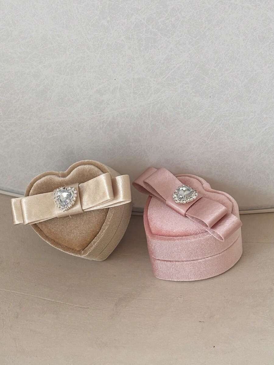 Satin Heart-Shaped Ring Box Travel Jewelry Storage Box, Cute Velvet Earring Necklace Box, Crystal Bow Detail Ring Box, Proposal Ring Box Protective Jewelry Storage Box, Suitable For Rings And Bracelets, Birthday Gift For Girls And Women, Proposal Ring Box - Multicolor - View 1