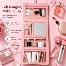Women's Hanging Makeup Bag With Mirror - Foldable Waterproof Felt Storage Bag, Large Capacity Felt Material, Waterproof Foldable Design, Includes Mirror; Suitable For Travel, Gym, Cruise - Multicolor - View 3