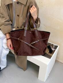 Women's Large Capacity Fashionable Personalized Coffee Color Buckle Design Matte PU Tote Bag, Suitable For Shopping And Commuting In Autumn/Winter - Coffee - View 4