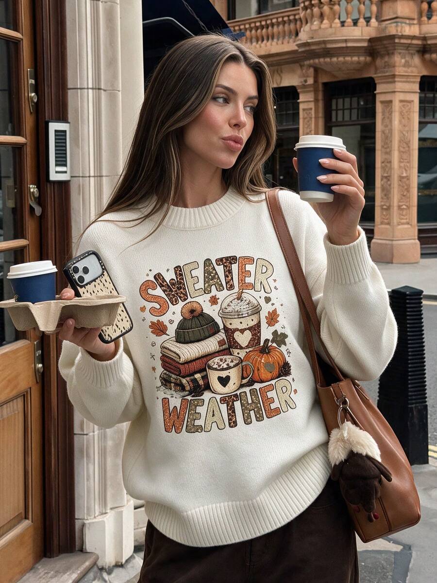 LOVE JOYY Women's Autumn/Winter Beige Round Neck Knit Sweater, Fallen Leaves Pumpkin Coffee Slogan Print, Loose Drop Shoulder Long Sleeve Pullover - White - View 1