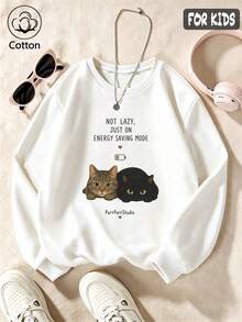 Cotton Girls' Crewneck Pullover Sweatshirt, Autumn Winter Loose Fit,Two Cats Print, Cute Sweet Girly Preppy Style - White - View 2
