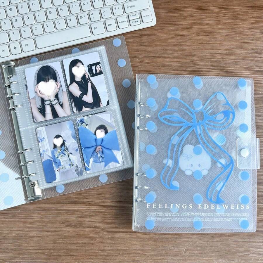 1pc A5 Transparent Blue Bow Card Album, Pure Transparent Diagonal Stripe Large Polka Dot Loose Leaf Binder, Idol Photo Card Storage, PP Transparent Inner Page Refill, Sticker Storage Album, IDOLME Planner Material Storage, K-Pop Photo Album, Suitable For Photo Album, Scrapbook, Planner Material Storage, Sticker Book, Time Planner, Budget Book, Notebook And Other Learning Supplies, Back To School Supplies