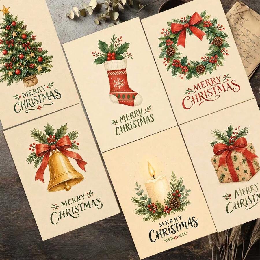 12 Greeting Cards + 12 Envelopes Elegant Christmas 2D Card, Festive Holiday Elements Merry Christmas For Friends, Winter Holiday Vintage Style Greeting Card Set For Home. - Sets - View 1