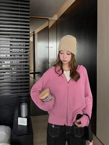 Women's Casual Chic Solid Color Waffle Hooded Zip Up Knit Cardigan, Long Sleeve Loose Fit Jacket, Suitable For Travel, Back To School, Daily Wear - Hot Pink - View 8