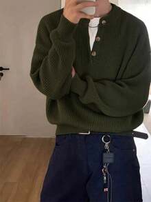 男士秋冬舒適極簡鈕扣裝飾長袖圓領針織衫，休閒百搭商務通勤款 - 軍綠色 - 查看 1