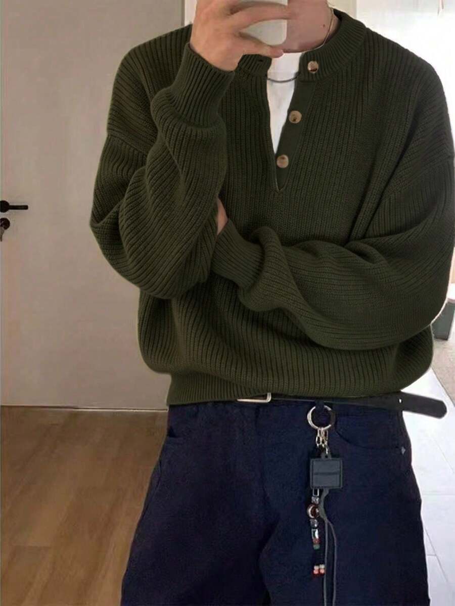 男士秋冬舒適極簡鈕扣裝飾長袖圓領針織衫,休閒百搭商務通勤款 - 軍綠色 - 查看 1