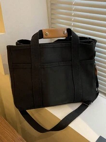 Multi-Compartment Solid Color Canvas Tote Bag, Large Capacity Handbag For Women, Minimalist Design, Multifunctional Shoulder Bag, Crossbody Bag For Outings - Black - View 10