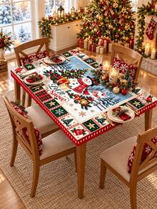 1pc Snowman Christmas Table Cover, Elastic Fitted Tablecloth, Let It Snow Snowman Winter Village Tree Gift Snowflake Print Stretch Spandex Dining Table Cover For Xmas Holiday Party Kitchen Farmhouse Home Decor - Multicolor - View 18