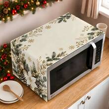 2dflat 1pc Cream White Red Gold Ball Christmas Microwave Dust Cover, White Christmas Flower Pine Branch Pine Cone Gold Snowflake Kitchen Cover Cloth - Multicolor - View 4