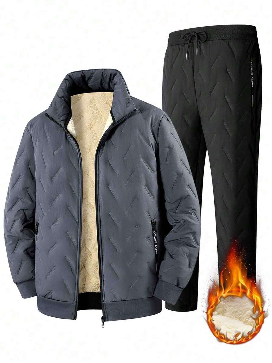 Men's Cashmere Lined Warm Sports Set, Zip-Up Stand Collar Jacket And Jogging Pants, Windproof Winter Casual Warm Set - Grey - View 1