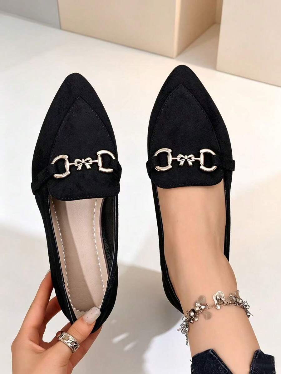 2026 Autumn/Winter New Fashion Comfortable Black Pointed Toe Flat Bow Ballet Shoes - Black - View 1