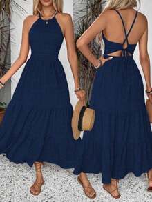 Vestido largo casual de mujer con cintura anudada y dobladillo fruncido, atuendo para vacaciones y playa  vestido para salir  vestido de vac - Azul Marino - Ver 1