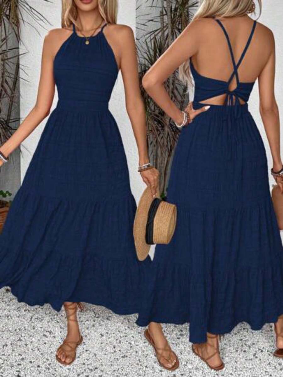 Vestido largo casual de mujer con cintura anudada y dobladillo fruncido, atuendo para vacaciones y playa vestido para salir vestido de vac - Azul Marino - Ver 1