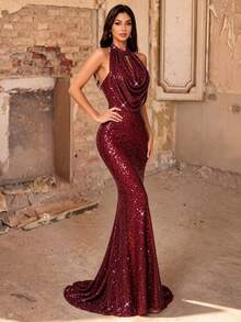 Autumn/Winter Elegant Luxury Draped Neck Draped Collar Full Sequin Fitted Mermaid Long Evening Dress, Suitable For Party, Ball, Banquet - Burgundy - View 7