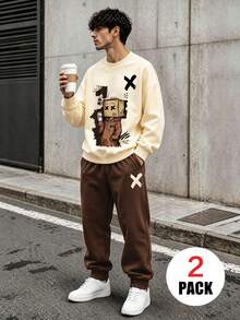 2pcs Set Suitable For Teen Boys, Crew Neck Sweatshirt And Elastic Waist Pants Set, Graffiti Cartoon Character Cardboard Head With Coffee Print Pattern Crew Neck Sweatshirt + Jogger Sweatpants Set, Suitable For Autumn/Winter Daily Wear - Multicolor - View 1