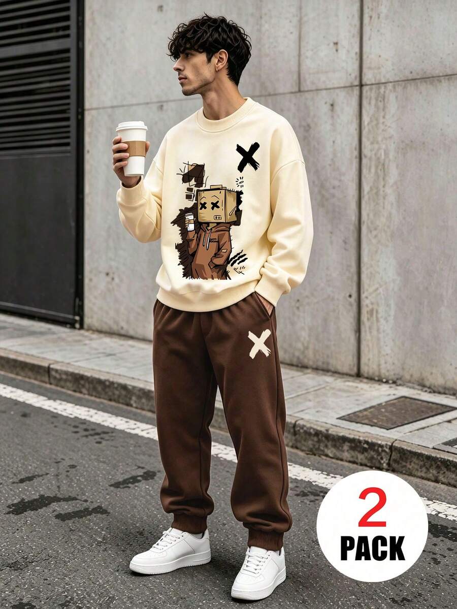 2pcs Set Suitable For Teen Boys, Crew Neck Sweatshirt And Elastic Waist Pants Set, Graffiti Cartoon Character Cardboard Head With Coffee Print Pattern Crew Neck Sweatshirt + Jogger Sweatpants Set, Suitable For Autumn/Winter Daily Wear - Multicolor - View 1