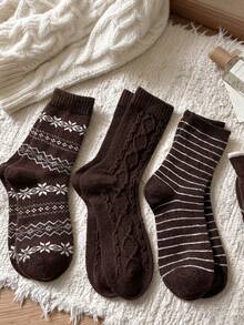 1/4/8 Pairs Women'S Vintage Brown Mid-Calf Socks With Snowflake, Cable, Or Stripe Patterns. Perfect For Fall And Winter-Great With Snow Boots Or Retro Dresses - Multicolor - View 5