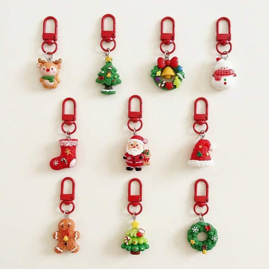 10pcs/Set Christmas Reindeer Snowman Christmas Tree Cute Funny Resin Keychain Party Favors - Multicolor - View 1