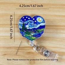2D Flat 1pc Art Oil Painting Heart Design Retractable Scroll Sliding ID Badge Holder, Suitable For Teachers, Students, Doctors, Nurses, Creative Multi-Purpose Office Gift, Back To School School Supplies Accessory, Team Gift - Blue - View 4