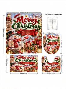 1/4pcs Christmas Theme Shower Curtain Set With Cute Snowman, Christmas Tree And Gift Box Pattern, 12 Hooks, Waterproof Polyester, Bathroom Curtain, Privacy, Thickened, Durable Quick Dry, 180*180cm Size, Christmas Bathroom Decor - A - View 4