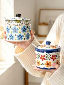 4pcs, 2pcs, 1pc Vintage Floral Seasoning Jars, Ceramic Salt Shakers, Condiment Containers With Lids And Spoons, Chili Oil Jars, Holiday Gift - Multicolor - View 3
