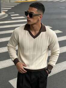 WAIT HIM Men's Autumn/Winter Colorblock Polo Collar Long Sleeve Loose Casual Sweater - Beige - View 2