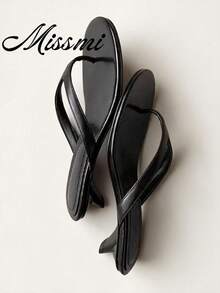 French Style Women's Summer New Leather Toe-Loop Stiletto High Heel Sandals With Back Strap Kitten Heel Thong Slide Slippers - Black - View 1