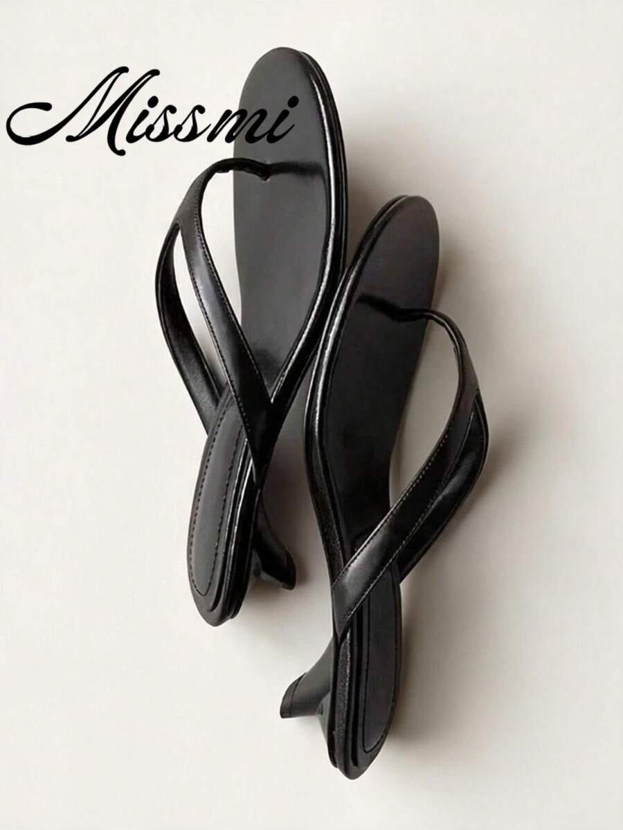 French Style Women's Summer New Leather Toe-Loop Stiletto High Heel Sandals With Back Strap Kitten Heel Thong Slide Slippers - Black - View 1