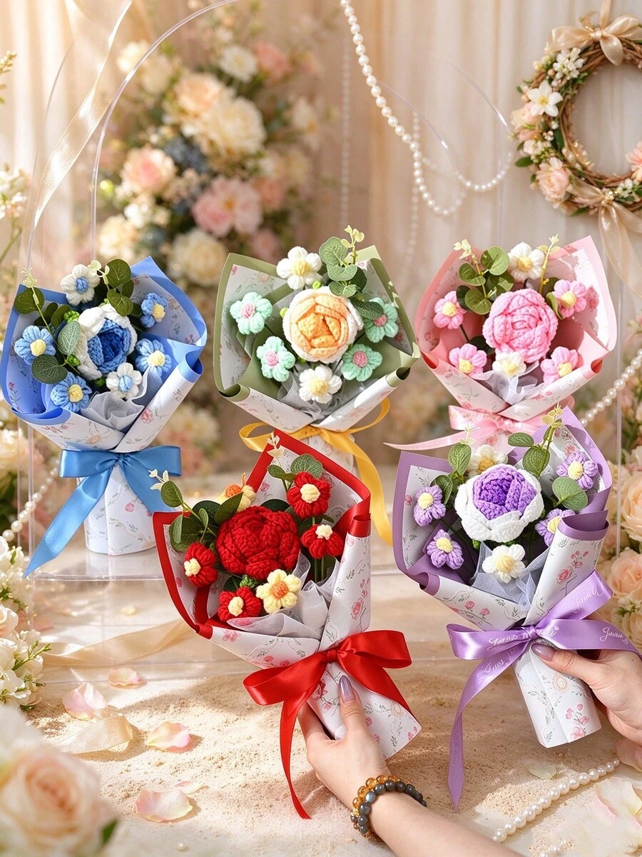 Handmade Crochet Rose Yarn Bouquet, Packaged Realistic Knitted Flower Bouquet, Home Decor And Holiday Gift - Multicolor - View 1