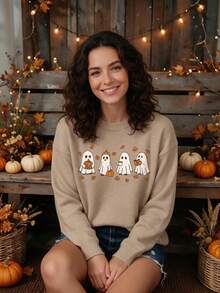 Plus Size Women Cute Ghost Pumpkin Maple Leaf Print Long Sleeve Faux Sweater, Women Halloween Costume, Women Autumn Outfit, Suitable For Halloween Street Daily Party - Camel - View 5