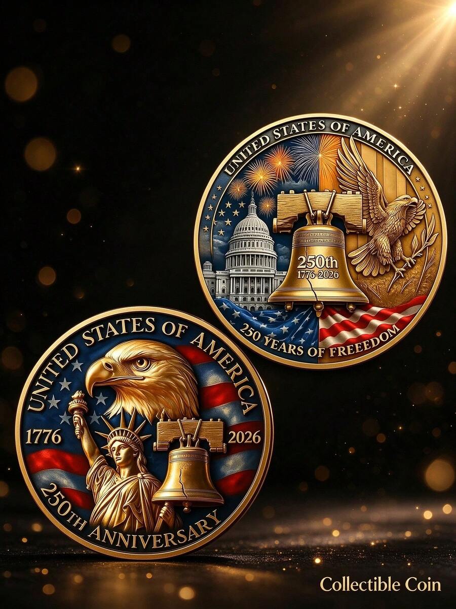 250th Anniversary High Relief Commemorative Coin, Bell Embossed Collectible Medal With Statue Detail, Gold-Tone Finish Collectible Token, For History Enthusiast Collection, Desktop Shelf Display & Independence Day Souvenir - Multicolor - View 1