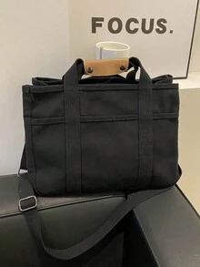 Multi-Compartment Solid Color Canvas Tote Bag, Large Capacity Handbag For Women, Minimalist Design, Multifunctional Shoulder Bag, Crossbody Bag For Outings - Black - View 5