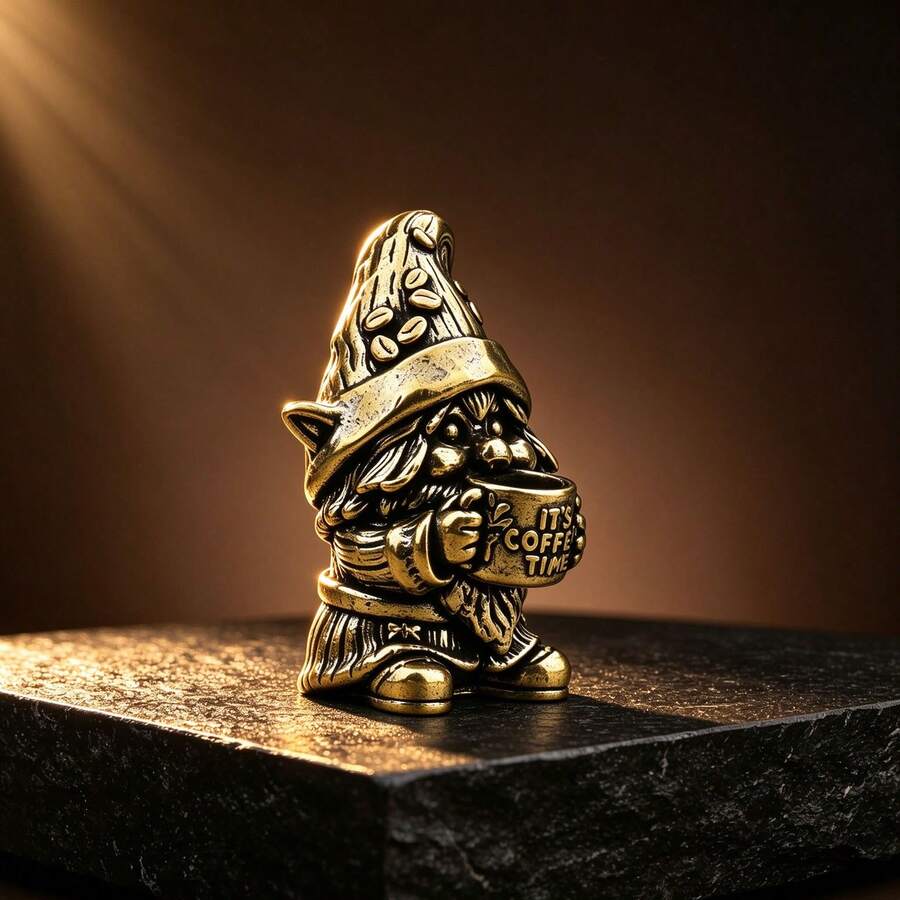 Vintage Gold Gnome Holding Coffee Cup Desktop Ornament, Retro Dwarf Sculpture, Home Office Desk Decor, Cute Coffee Lover Gift