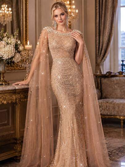 QOQ Women's Mermaid Formal Evening Gown, Shiny Sequin Pearl Cape Sleeve Tulle Ball Gown, Elegant Wedding Guest Party Cocktail Gala Long Dress