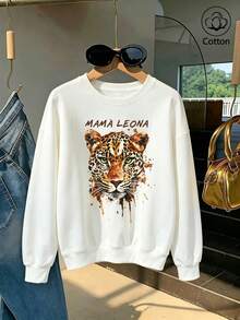 Women's Casual White Leopard Print "Mama Leona" Slogan Sweatshirt, Autumn Street Style Long Sleeve Drop Shoulder Ribbed Knit Pullover - White - View 3