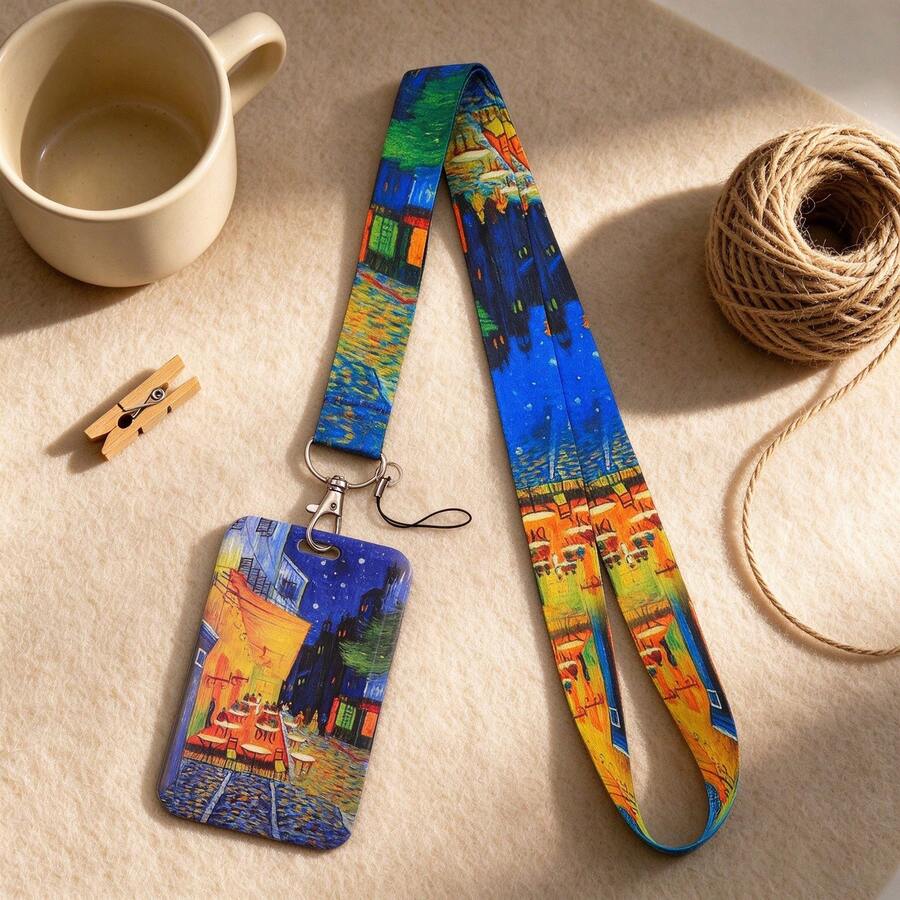 1 Piece Vintage Van Gogh Starry Night Cafe Art Lanyard And ID Badge Holder Set, Cute Aesthetic Card Holder For Student Teacher Worker - Multicolor - View 1