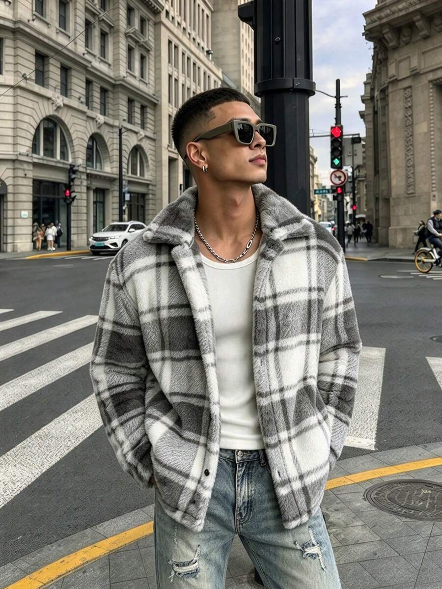 WAIT HIM Men's Casual Plaid Striped Flannel Warm Shacket - Black and White - View 1