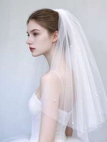 1pc Vintage Elegant Pearl Bridal Veil With Hair Comb, Single Layer White Mesh Wedding Accessory - White - View 1