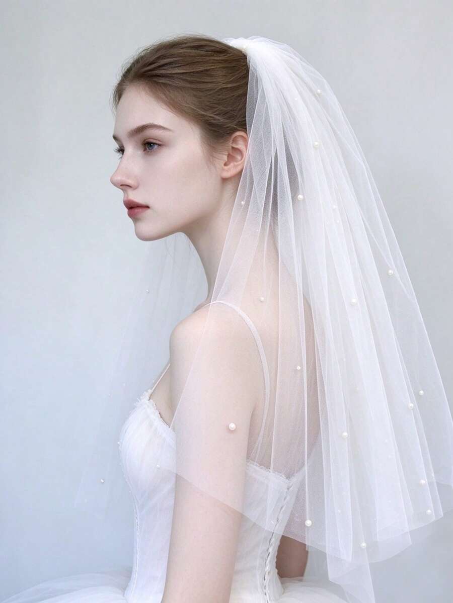1pc Vintage Elegant Pearl Bridal Veil With Hair Comb, Single Layer White Mesh Wedding Accessory - White - View 1