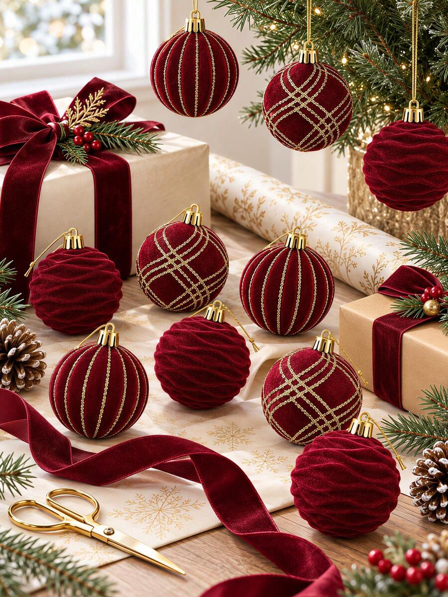 9pcs 6cm Burgundy Flocked Christmas Ball Set, Gold Striped, Crossed ...