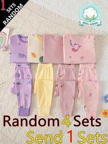 4 Sets Send 1 Set Random Color Girls Cartoon Pure Cotton Underwear Set Cute Print Medium Thick Long Sleeve Long Pants Loungewear Set Printed Autumn Top And Pants - Multicolor - View 1