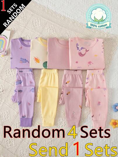 4 Sets Send 1 Set Random Color Girls Cartoon Pure Cotton Underwear Set Cute Print Medium Thick Long Sleeve Long Pants Loungewear Set Printed Autumn Top And Pants