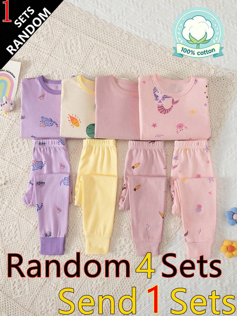 4 Sets Send 1 Set Random Color Girls Cartoon Pure Cotton Underwear Set Cute Print Medium Thick Long Sleeve Long Pants Loungewear Set Printed Autumn Top And Pants - Multicolor - View 1