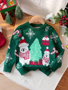 Boys Cute Christmas Bear & Christmas Tree Round Neck Long Sleeve Knitted Pullover Sweater, Suitable For Christmas, Daily Wear, Vacation, Casual, Spring, Autumn, Winter - Green - View 1