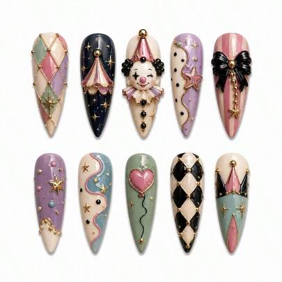 Hard And Durable Nails,Pastel  Carnival Luxury Press-On Nails – Handcrafted 3D Harlequin Clown & Celestial Charm Fantasy Set,Halloween Nails, Christmas Nails, Thanksgiving Nails, Fall Nails, Handmade Nails, Common In 899 Areas